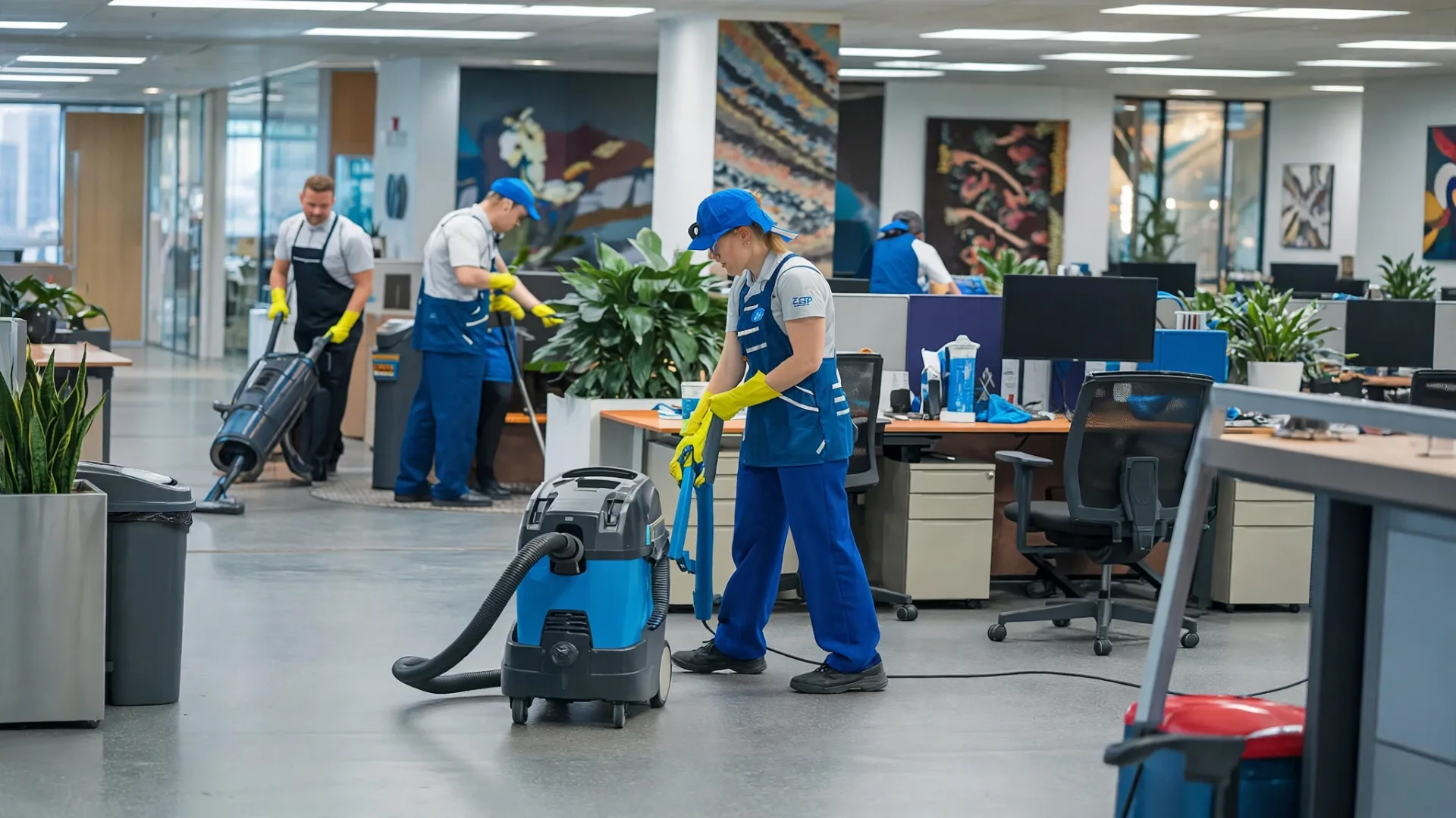 Equipo de limpieza trabajando en una oficina