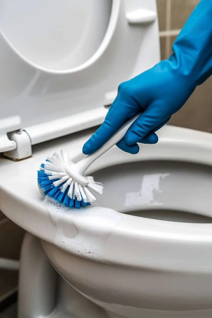 Limpieza de un baño con guantes