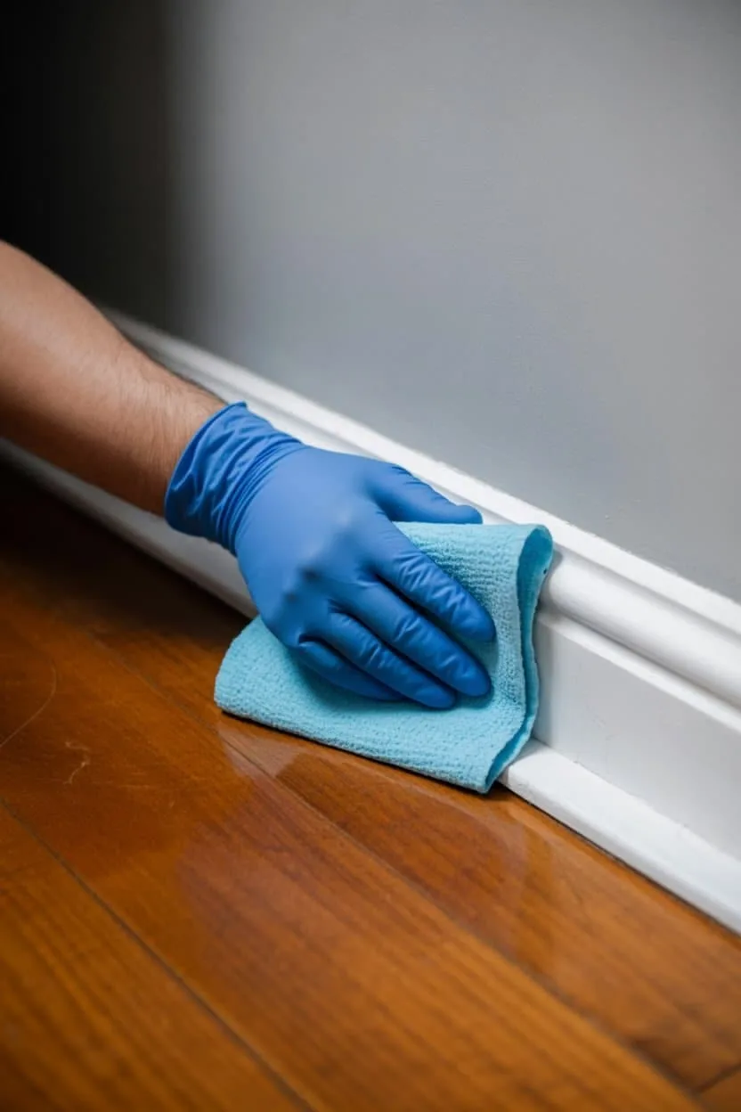 Mano con guante limpiando un rodapié